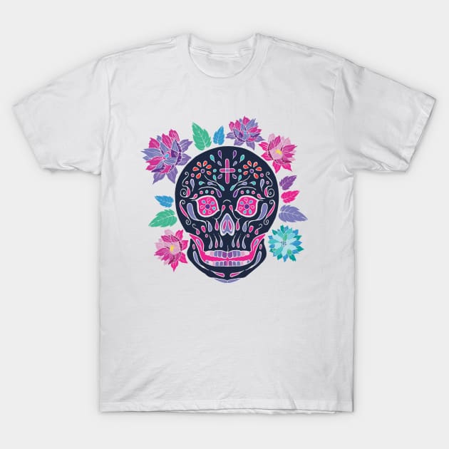 Mexican skull with flowers T-Shirt by annaazart